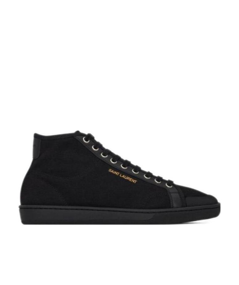 Saint Laurent High-top Leather Lace-up Sneakers In Organic Cotton Canvas In Black