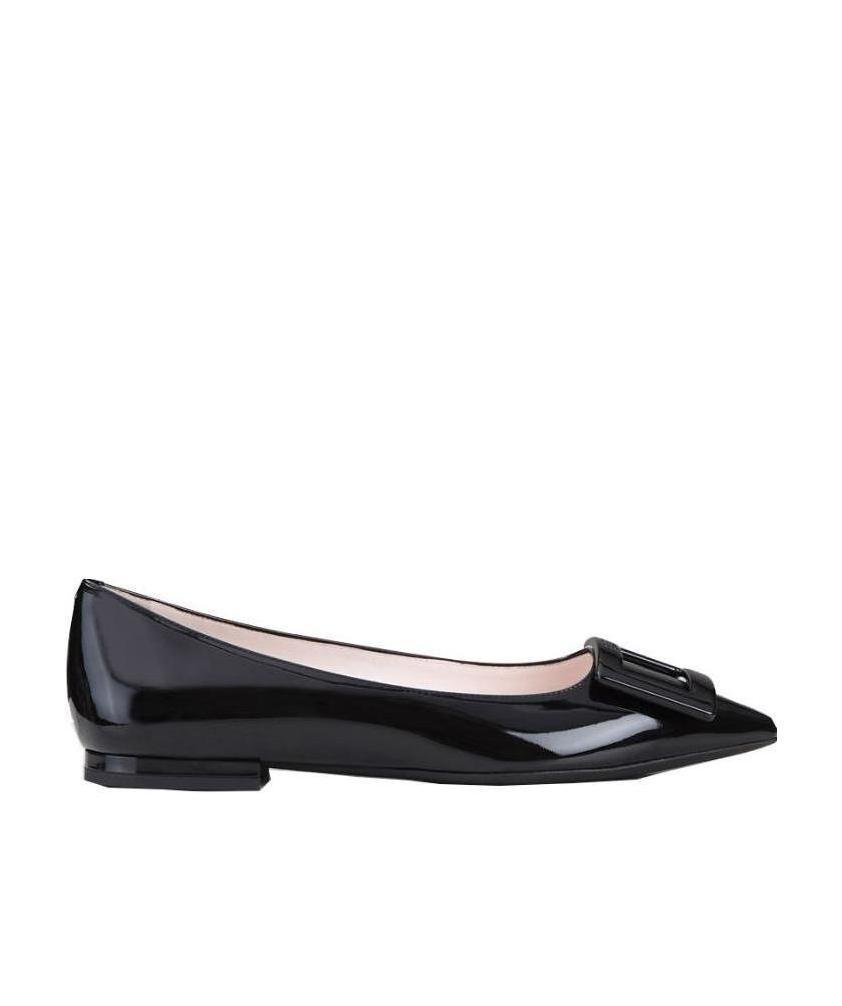 Roger Vivier Gommettine Buckled Glossed Crinkled-leather Ballet Flats In Black
