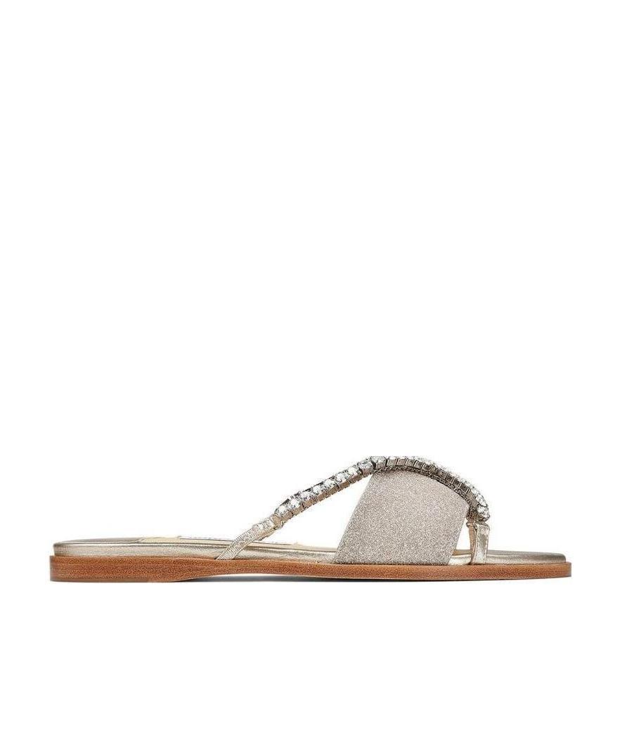 Jimmy Choo Logo Sequins Crystal Chain Flip-flops In White