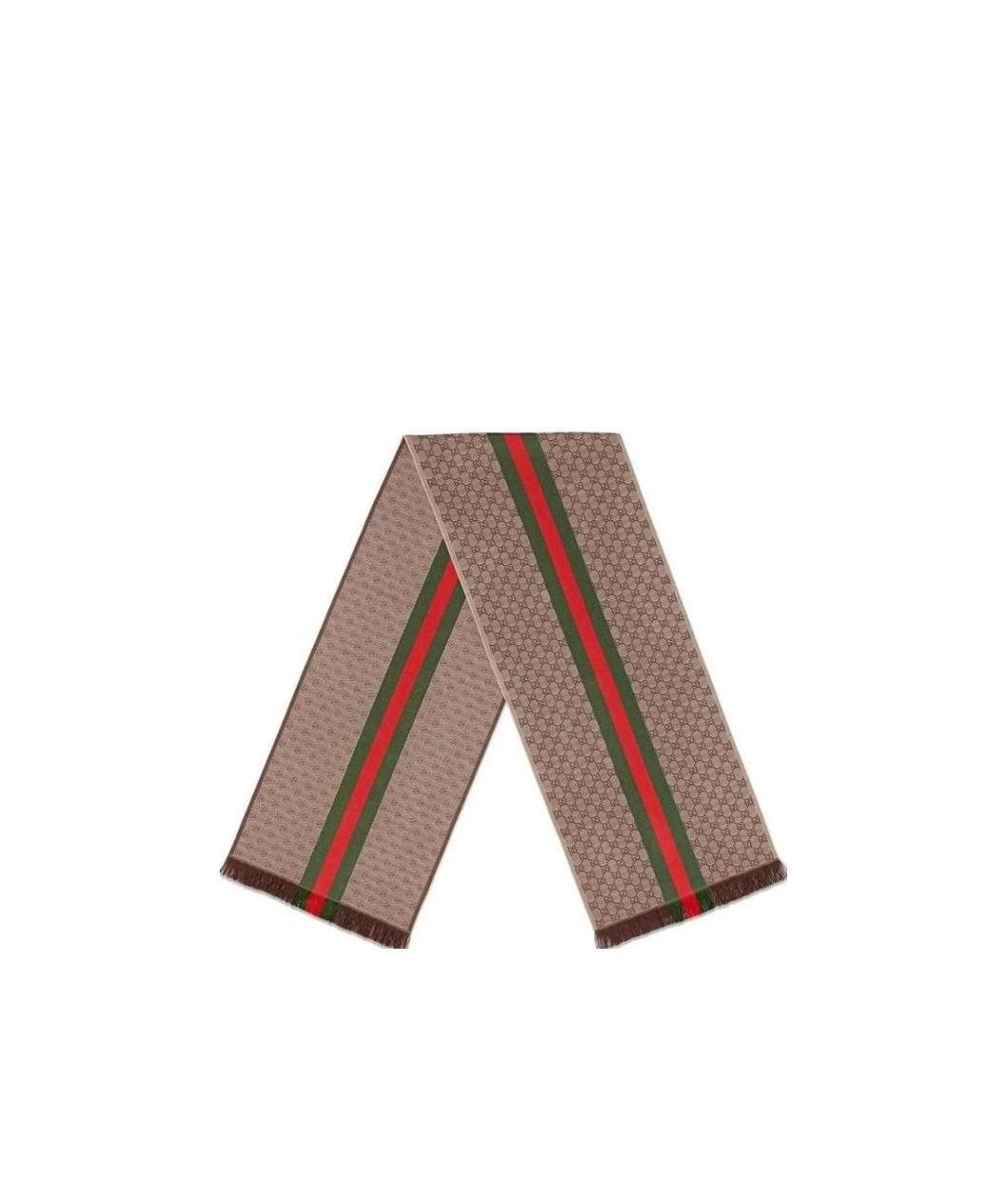 Gucci Gg Jacquard Knit Scarf With Web And Fringe In Brown