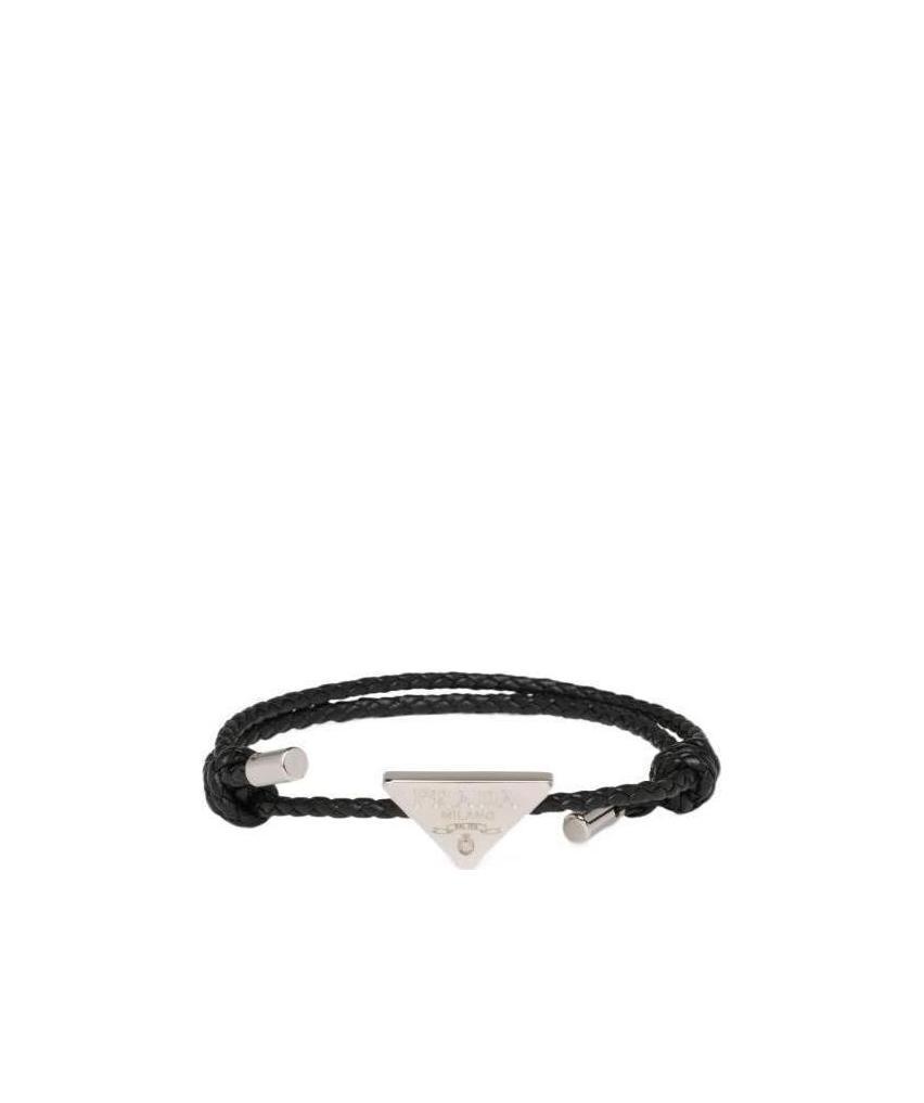 Prada Triangle Logo Braided Bracelet In Black