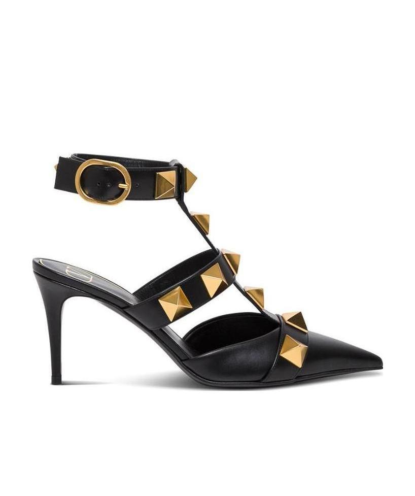 Valentino Roman Stud 80 Leather Ankle Strap Pump In Black