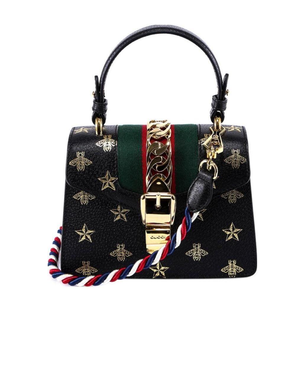 Gucci Sylvie Bee Star Mini Leather Bag In Black