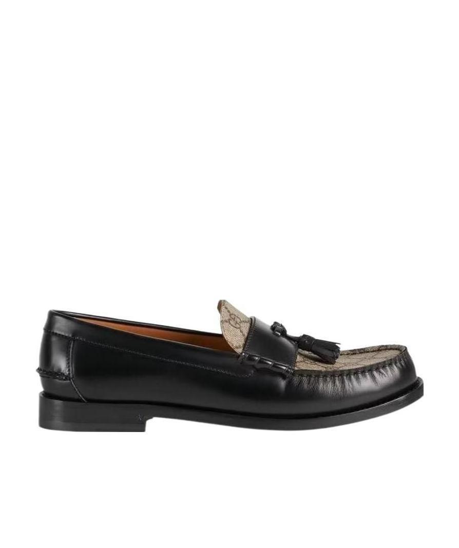 Gucci Black Leather & Beige GG Canvas Tassel Loafers Gucci Men main image 4