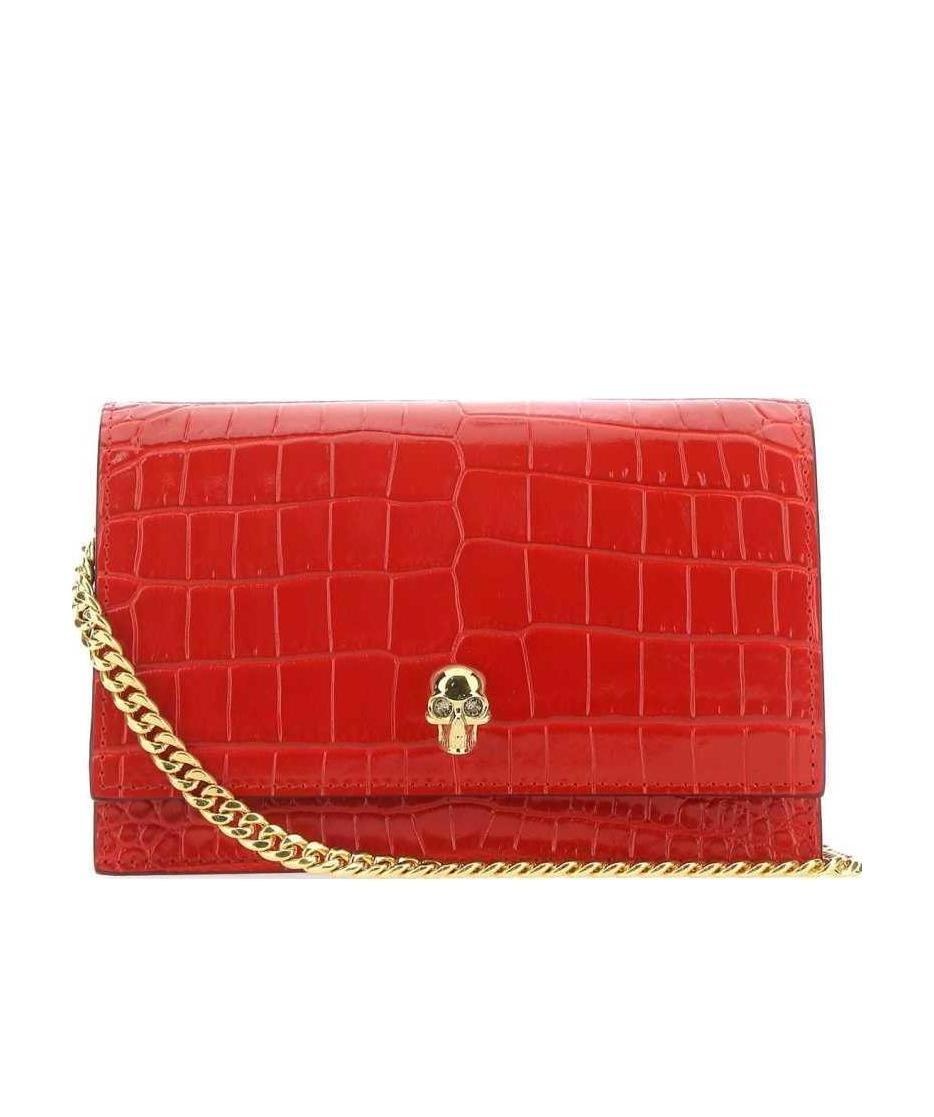 Alexander Mcqueen Skull Crocodile-effect Crossbody Bag In Red