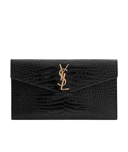 Saint Laurent Uptown Crocodile-effect Clutch In Black