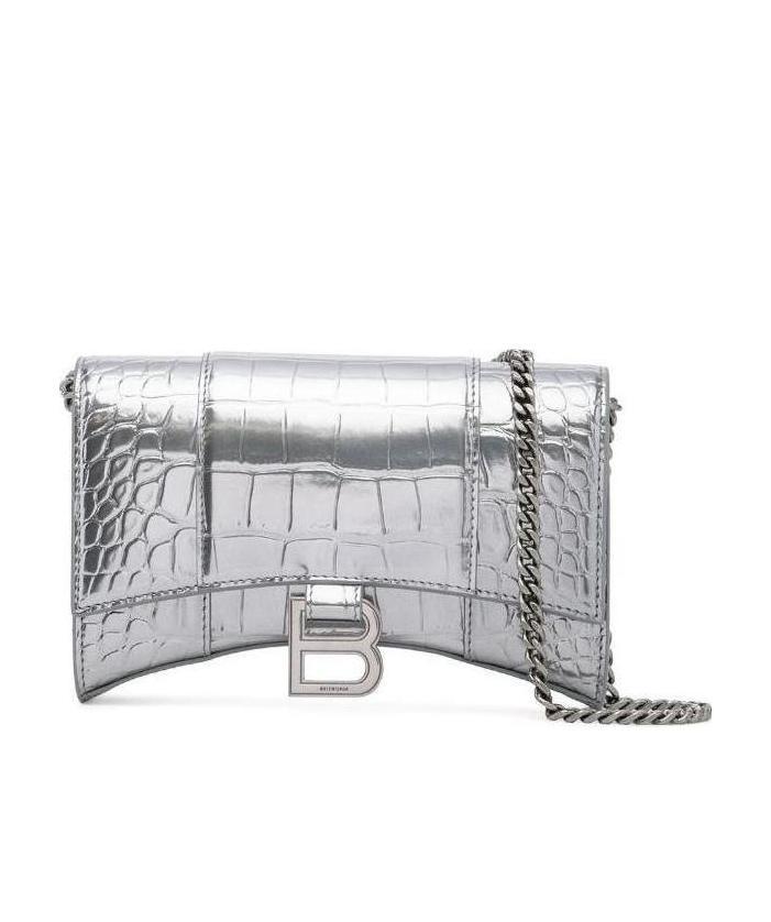 Balenciaga Hourglass Embossed Leather Chain Wallet In Silver