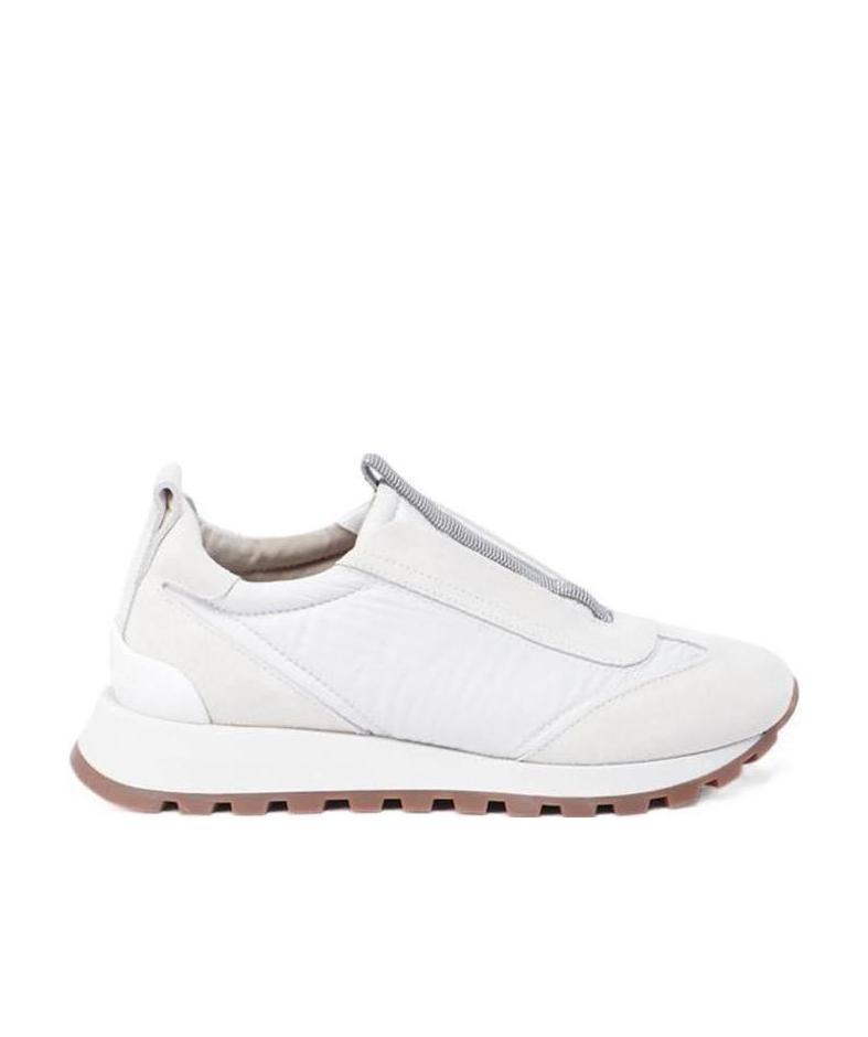 Brunello Cucinelli Women Slip On Sneakers In Leather And Fabric In Neutral