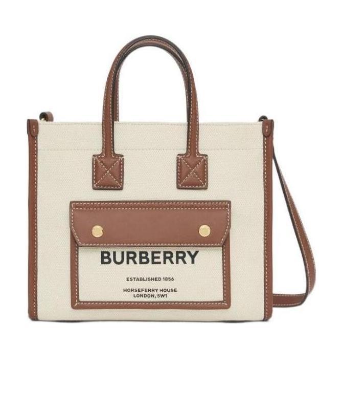 Burberry Frey Rectangular Cotton Shoulder Bag With Leather Trim In Nude