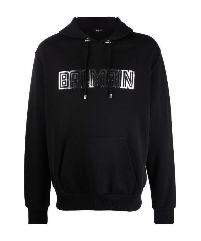 Shop Balmain Black Cotton Sweatshirt With Embossed Silver Paris Logo Print