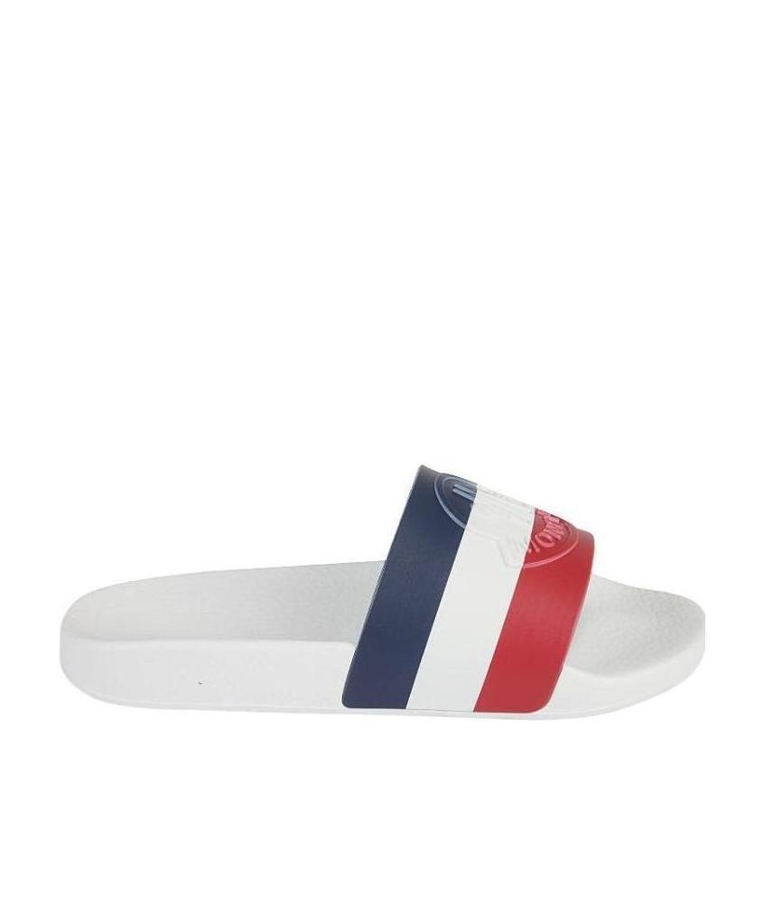 Shop Moncler Striped Sliders In White