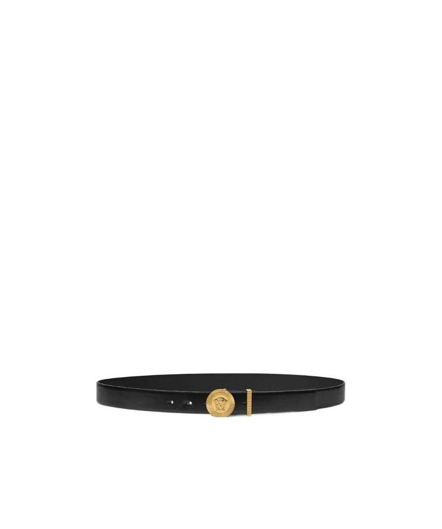 Versace Medusa Streamlined Leather Belt With Adjustable Length And Gold-tone Buckle In Black