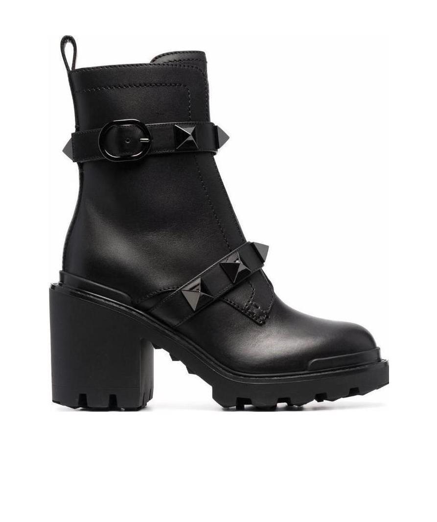 Valentino Roman Stud Leather Combat Boots In Black