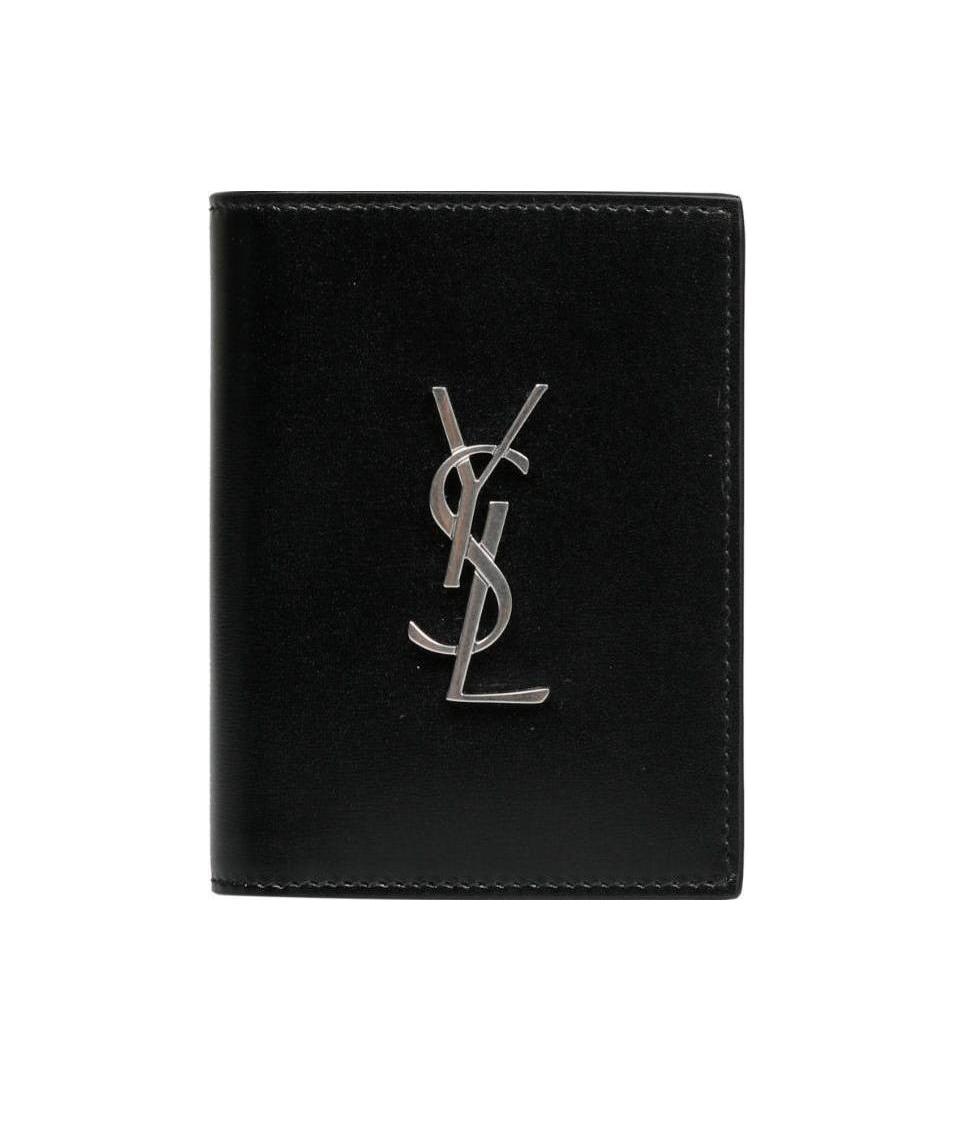 Saint Laurent Black Leather Wallet With Ysl Metal Logo Man In Black