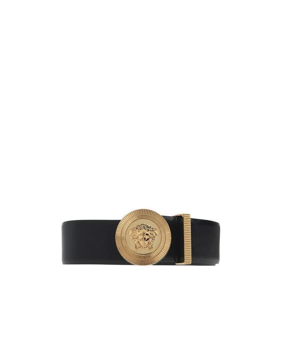 Versace Medusa Streamlined Leather Belt With Adjustable Length And Gold-tone Buckle In Nude