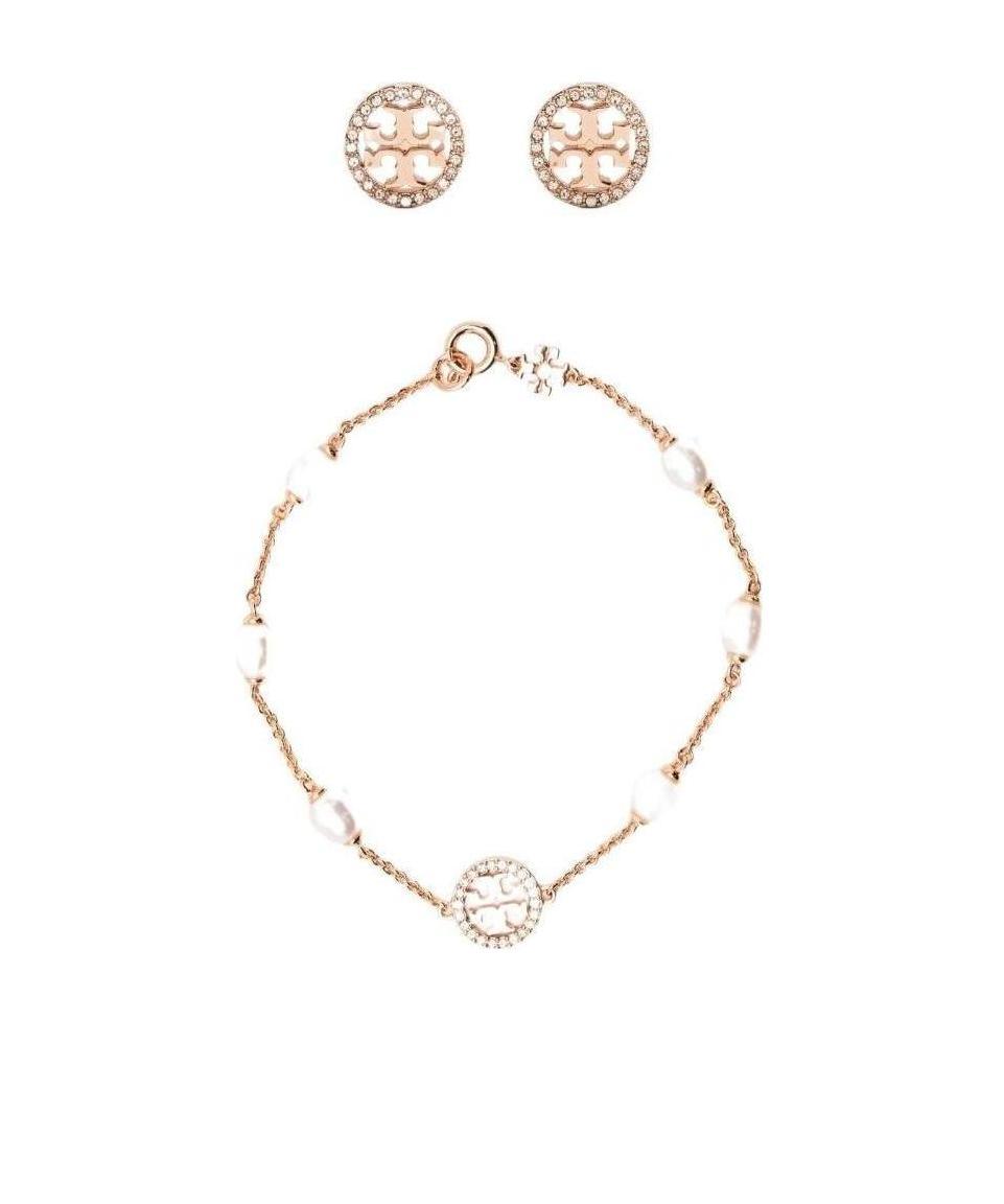 Tory Burch Logo Embellished Bracelet And Stud Earring Set