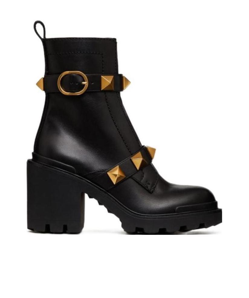 Valentino Garavani Combat Black Leather Boots With Antique Brass Studs In Nero