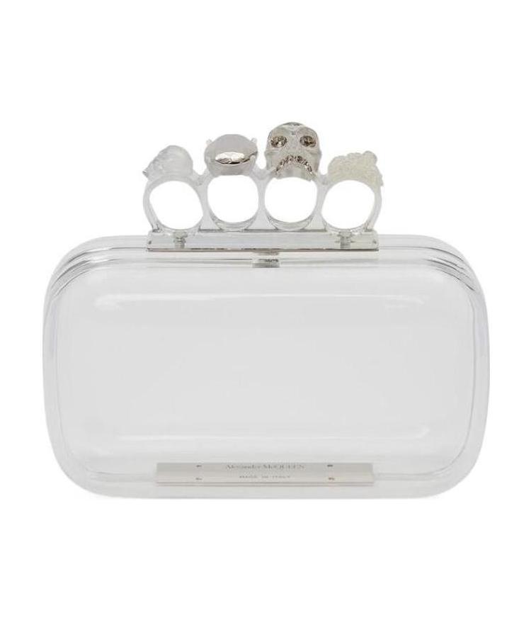 Alexander Mcqueen Four-ring Metallic Leather Clutch Bag In White