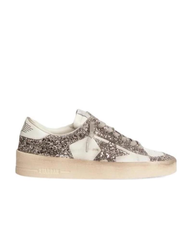Shop Golden Goose Stardan Sneakers In White Leather And Silver Glitter In Nude