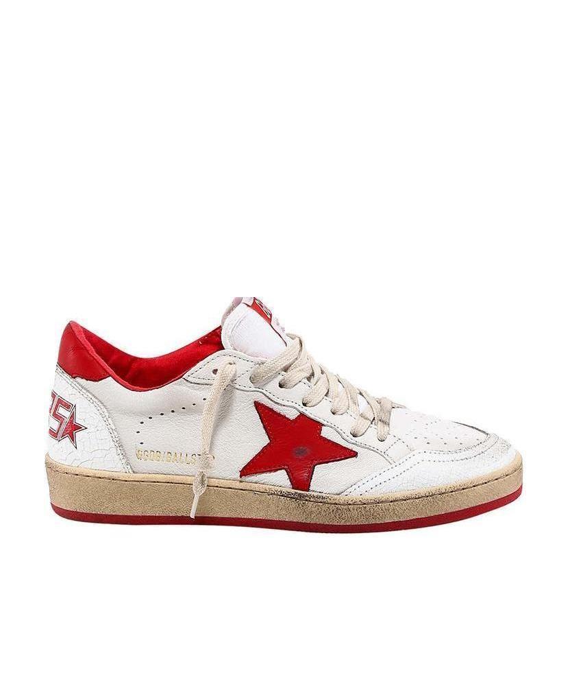 Golden Goose White Ball Star Sneakers In Leather With Red Star And Heel Tab In Multi