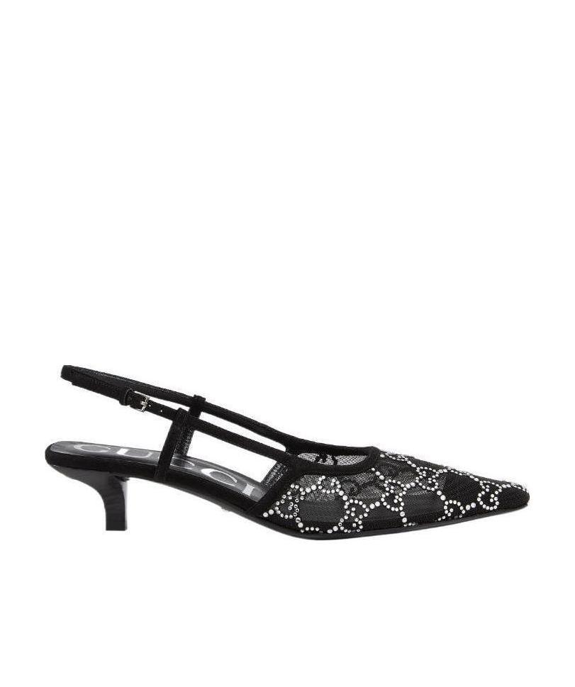 Gucci Gg Rhinestoned Mesh Slingback Pumps In Black