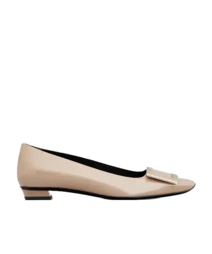 Roger Vivier Belle Vivier Square Button Flat Sole Shoes In Nude