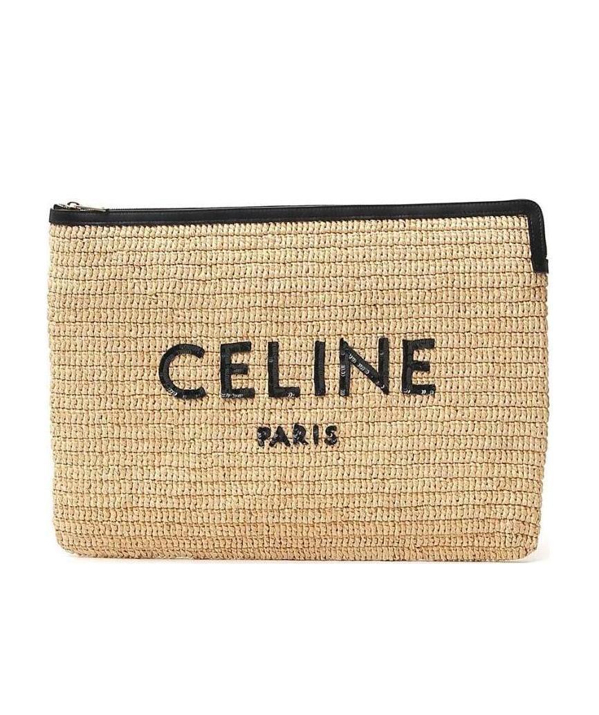 Celine Large Pouch In Raffia And Natural Calfskin