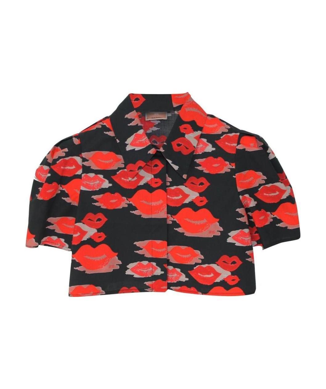 Elisabetta Franchi La Mia Bambina Camicia Cropped In Popeline Stampa Bocche In Black