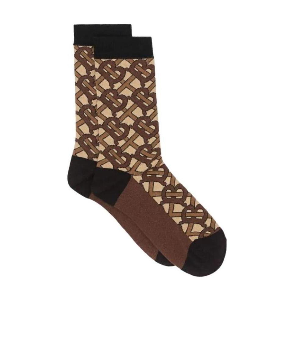 Burberry Monogram Intarsia Cotton Blend Socks In Brown