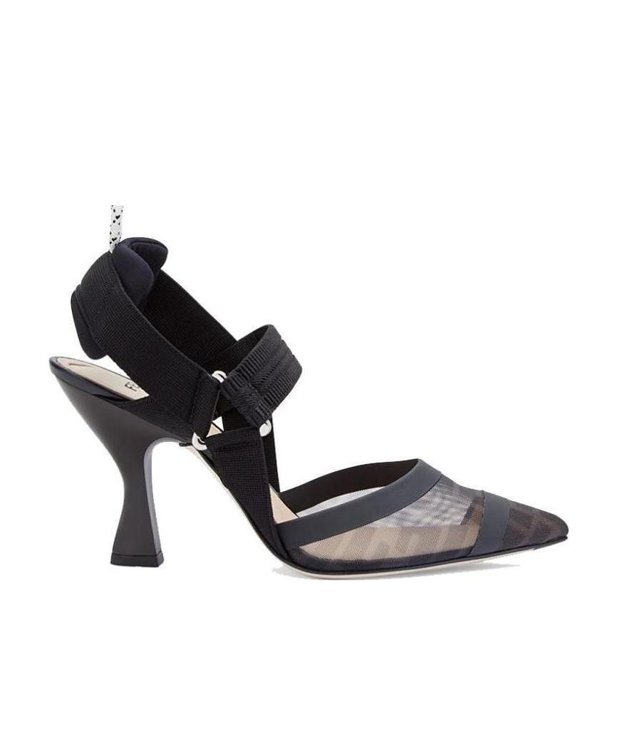 FENDI BLACK LEATHER AND MESH, HIGH-HEELED SLINGBACKS 