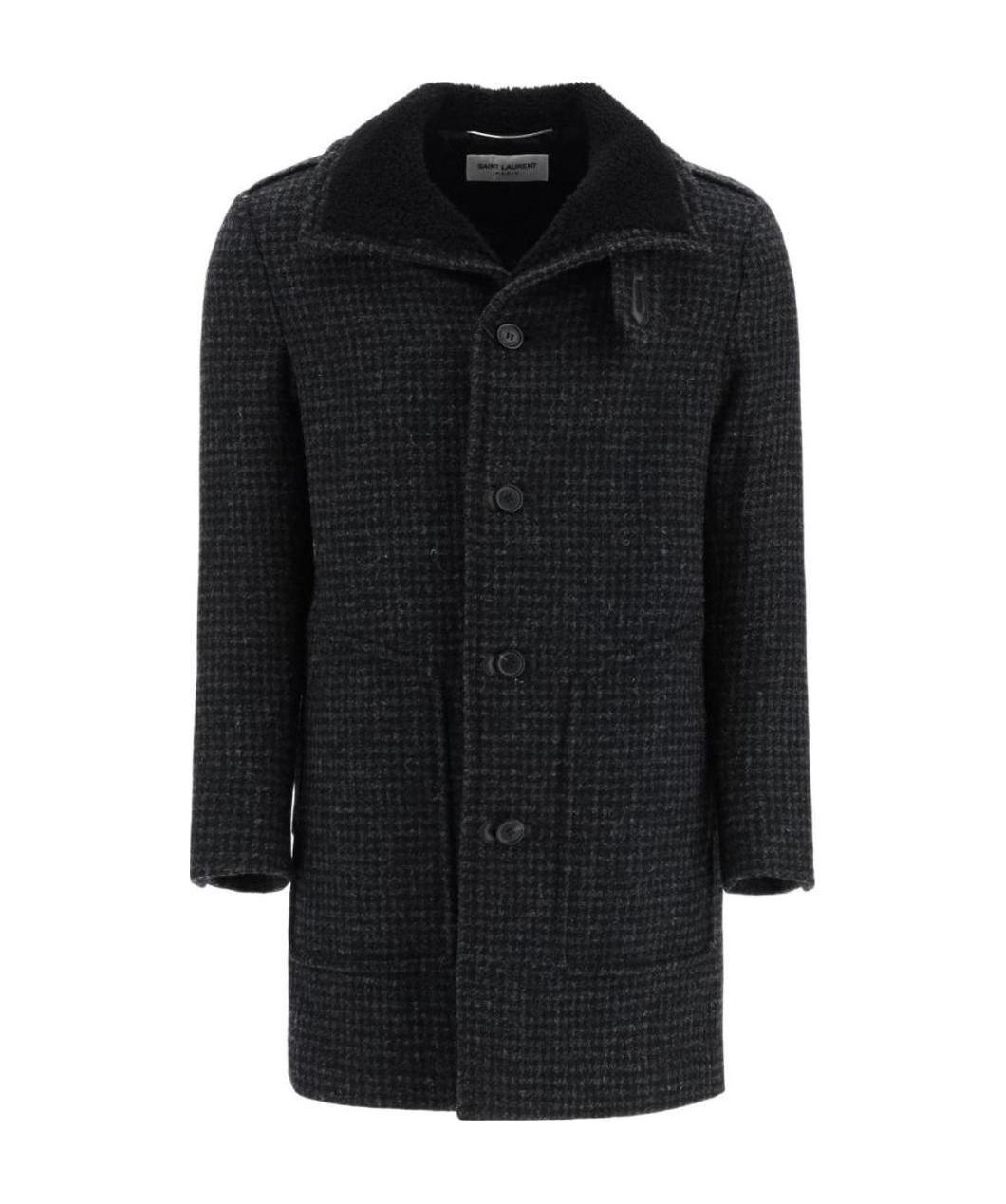 Saint Laurent Shearling-collar Check Wool Coat In Black