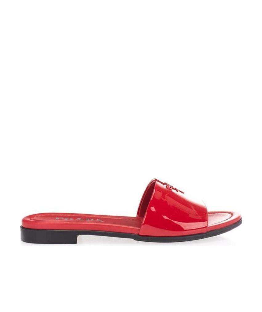 Prada Flat Bottom Logo Sandals In Red