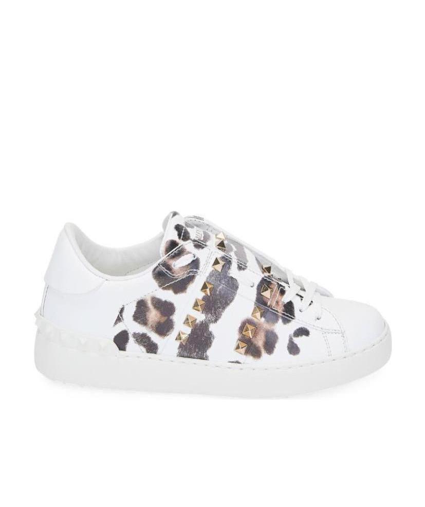 Valentino Riveted Leopard Print Leisure Sports Shoes In White