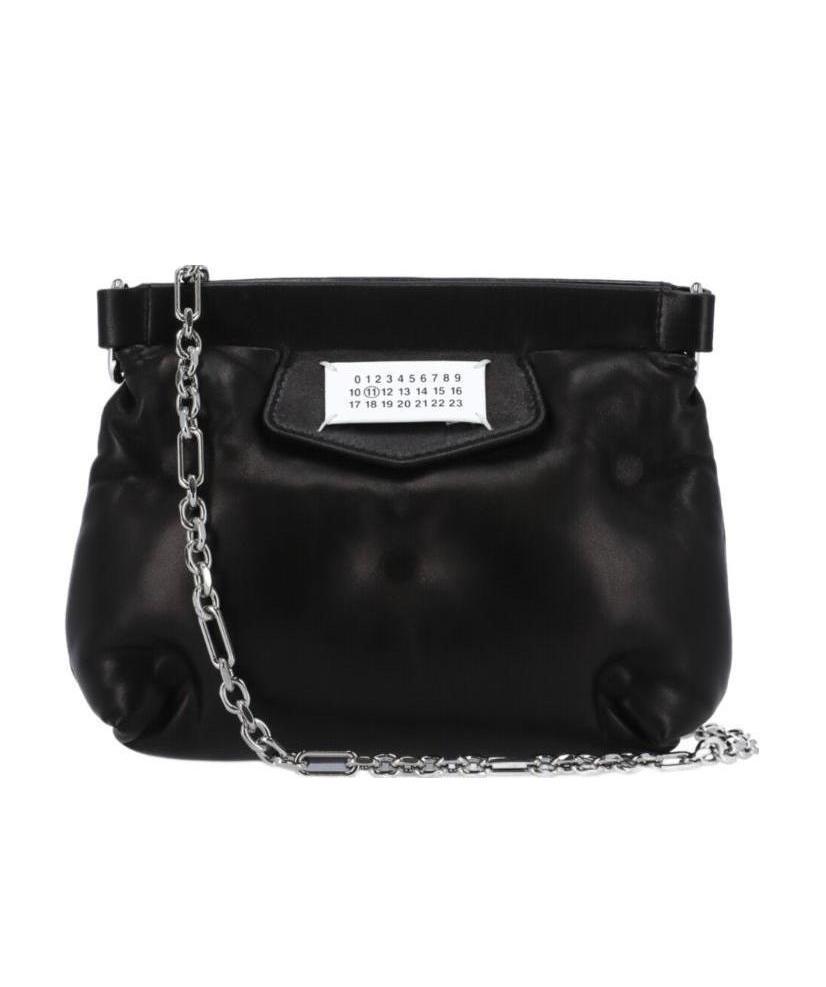 Maison Margiela Puffy Jet-black Leather Bag With Logo Patch And Silver Hardware In Black