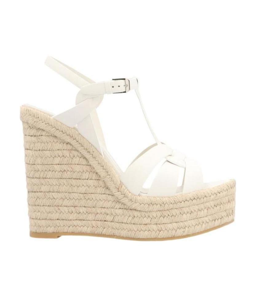 Shop Saint Laurent Tribute 85mm Leather Espadrille Wedges In Nude