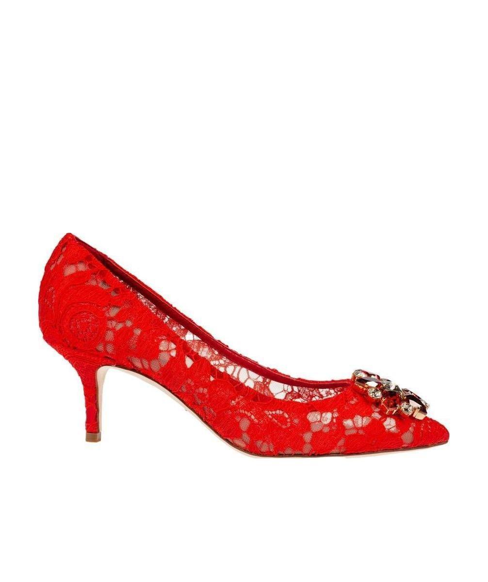 Dolce & Gabbana Bellucci 60 Brooch Embellished Lace Pumps In Red