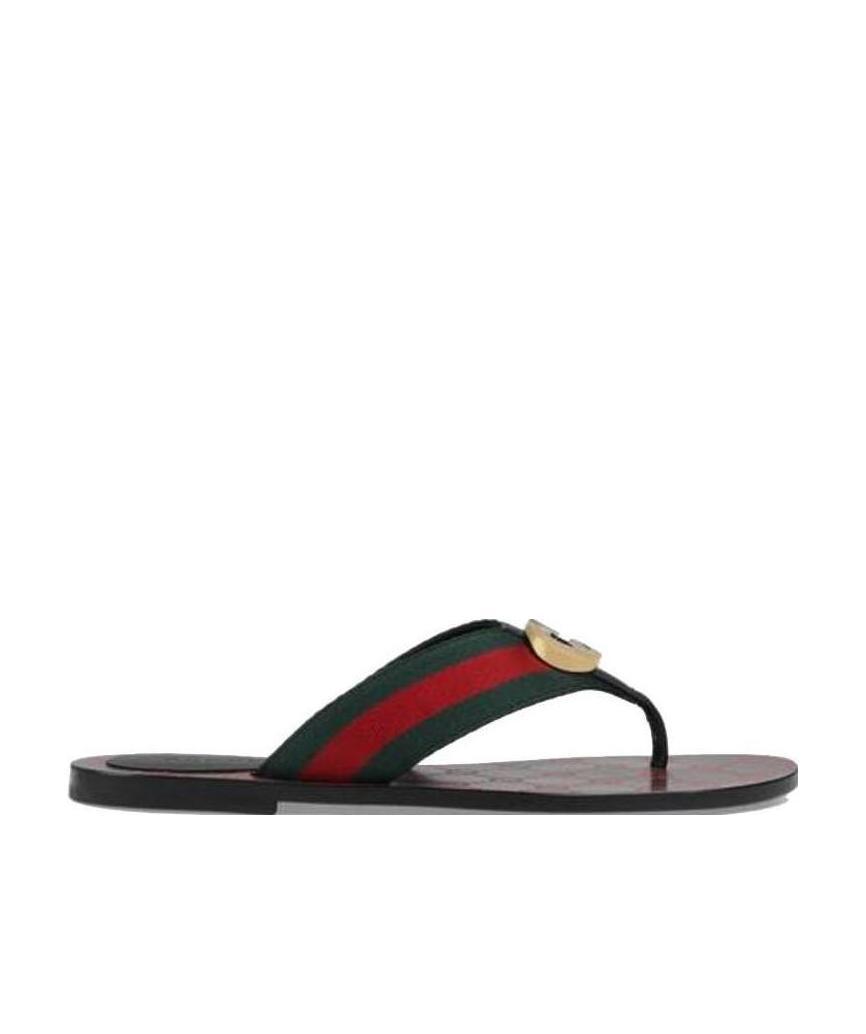 Gucci Gg Web Leather Thong Sandals In Black
