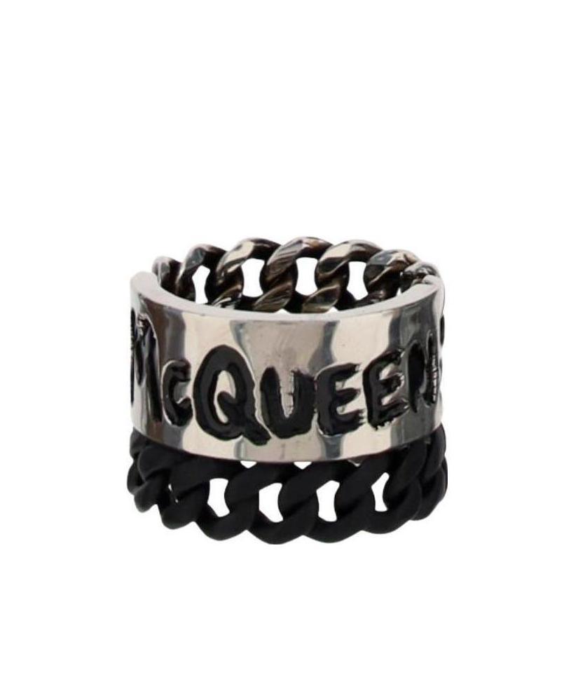 Alexander Mcqueen Graffiti Curb Chain Ring In Black
