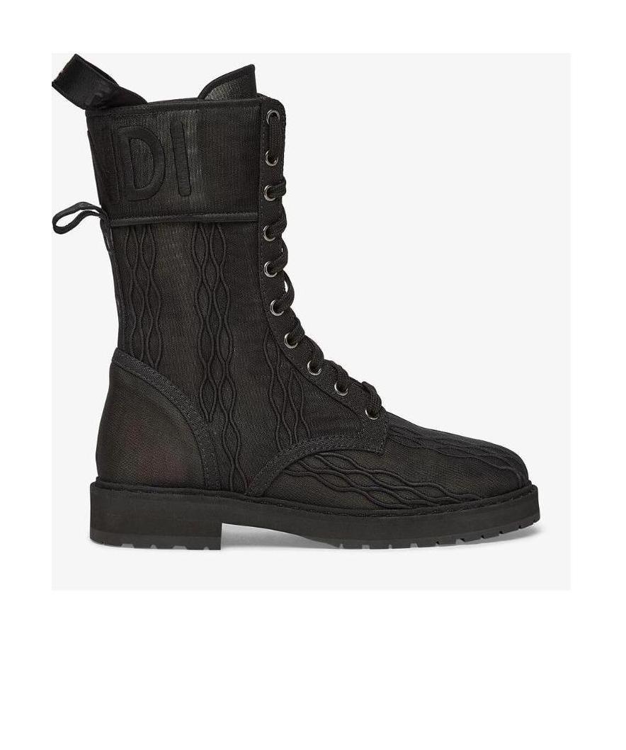 Fendi Signature Biker Embroidered Flat Boots In Black