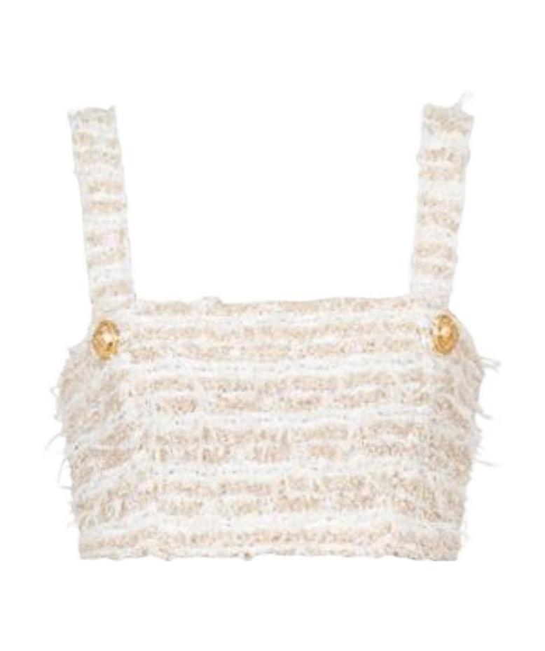 BALMAIN WHITE TWEED SPORTS BRA CROP TOP