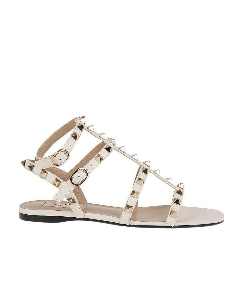 Valentino Rockstud Caged Leather Ankle Strap Sandal In White