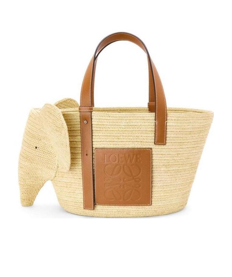 Loewe Elephant Basket Bag In Raffia And Calfskin