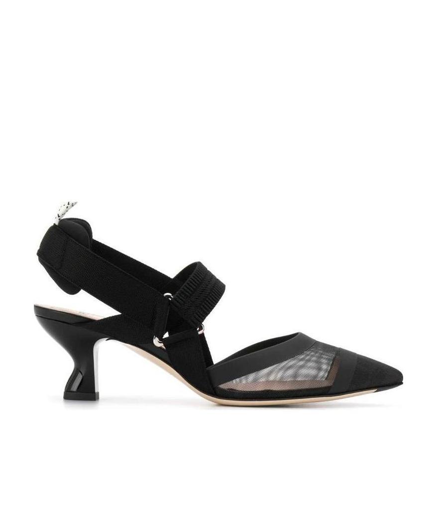 Shop Fendi Black Leather And Mesh Slingbacks With Medium Heel