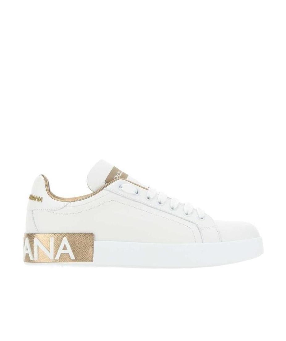 Dolce & Gabbana Portofino White And Gold Low Top Sneakers With Logo In Leather Woman In White