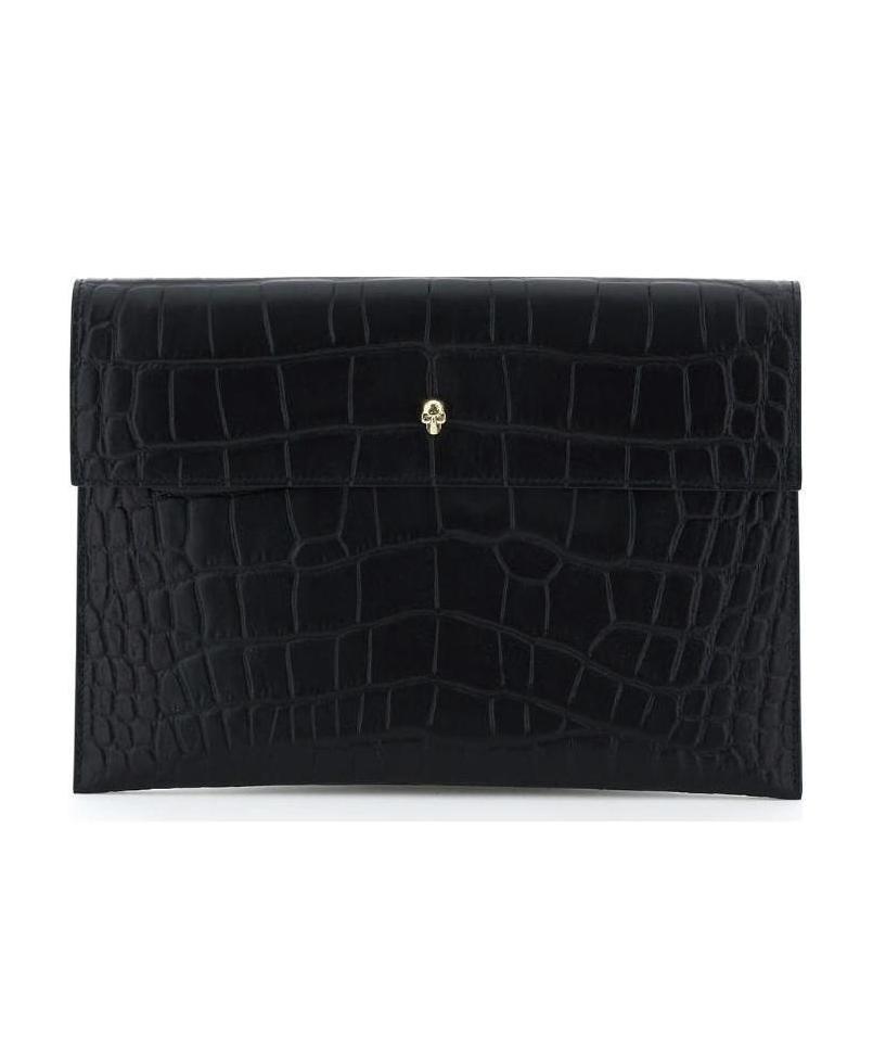 Alexander Mcqueen Croc Effect Envelope Clutch Bag In Black