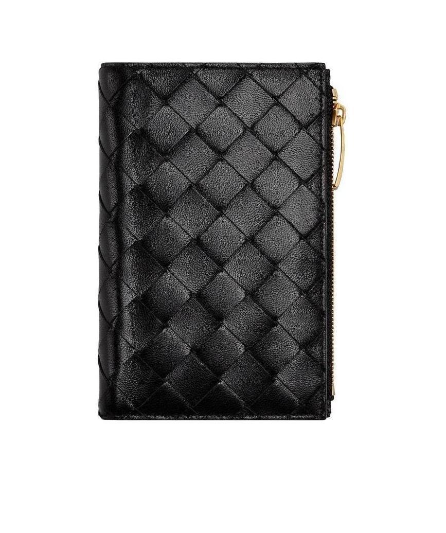 Bottega Veneta Medium Double Fold Braided Zipper Wallet In Black