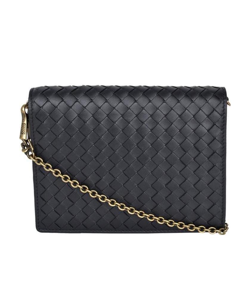Shop Bottega Veneta Black Intrecciato Leather Wallet On A Chain