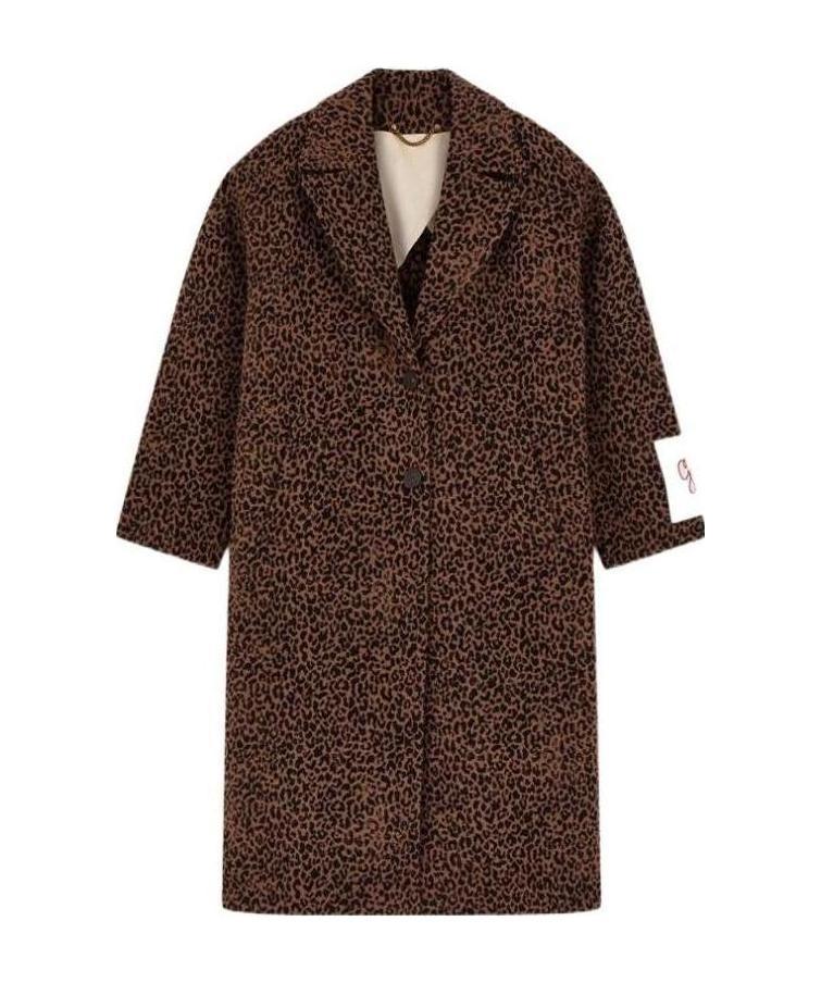 Golden Goose Golden Collection Single-breasted Cocoon Coat In Wool With Jacquard Animal Pattern In Brown