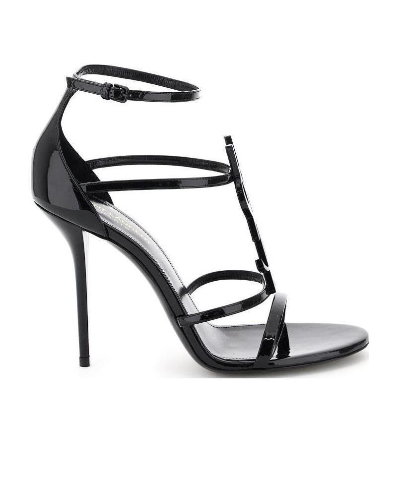 Saint Laurent Cassandra Logo-embellished Patent-leather Sandals In Black