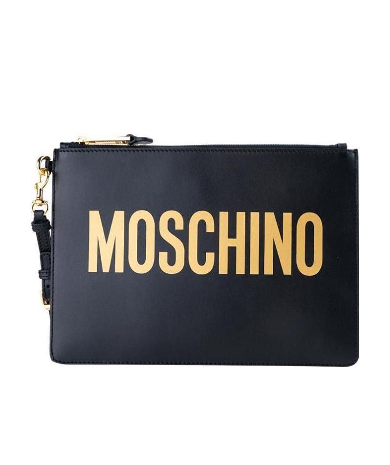 Moschino Black Logo Print Clutch In Black